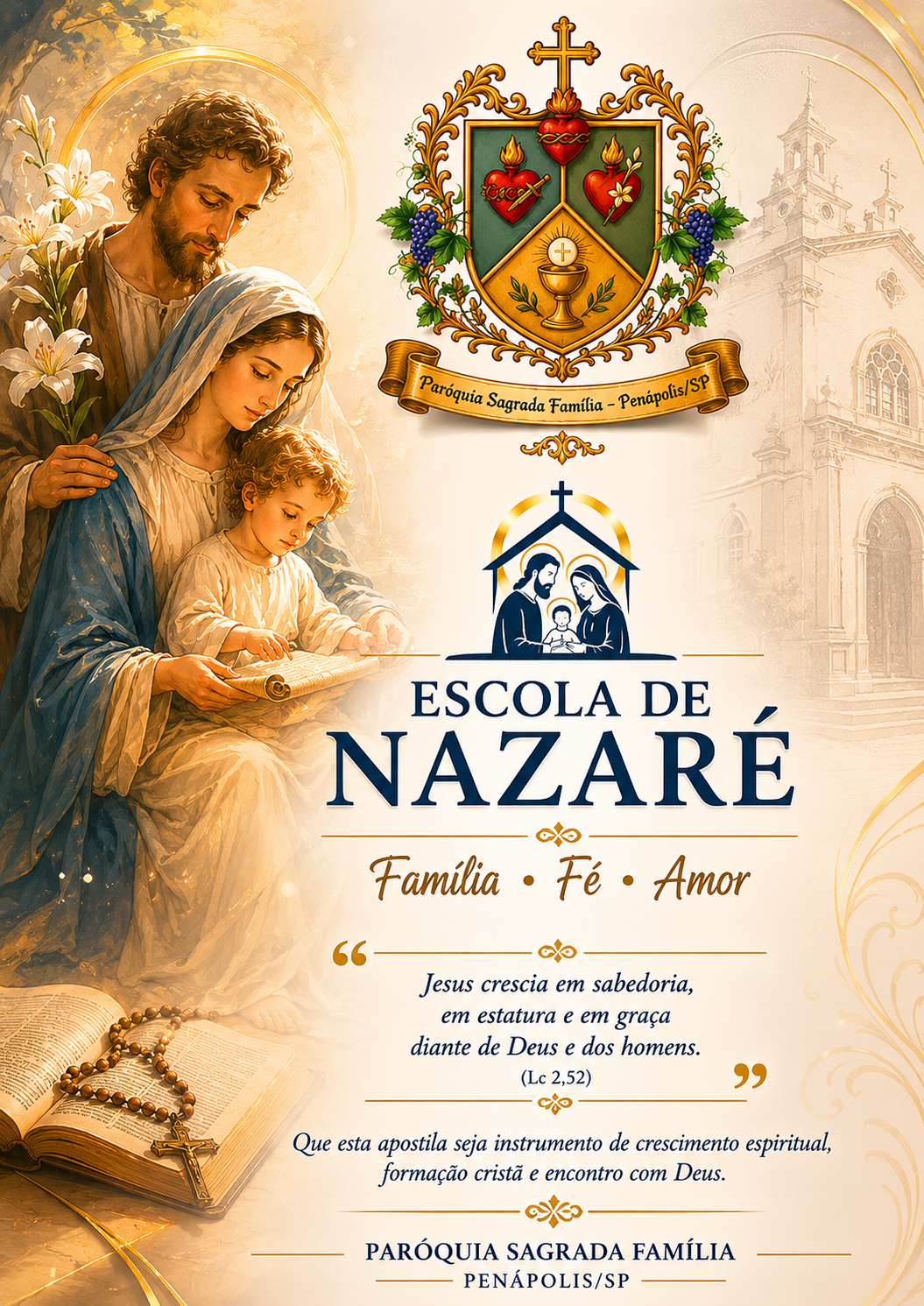 Arte oficial da Escola de Nazaré, com a Sagrada Família e o nome do curso do catecismo